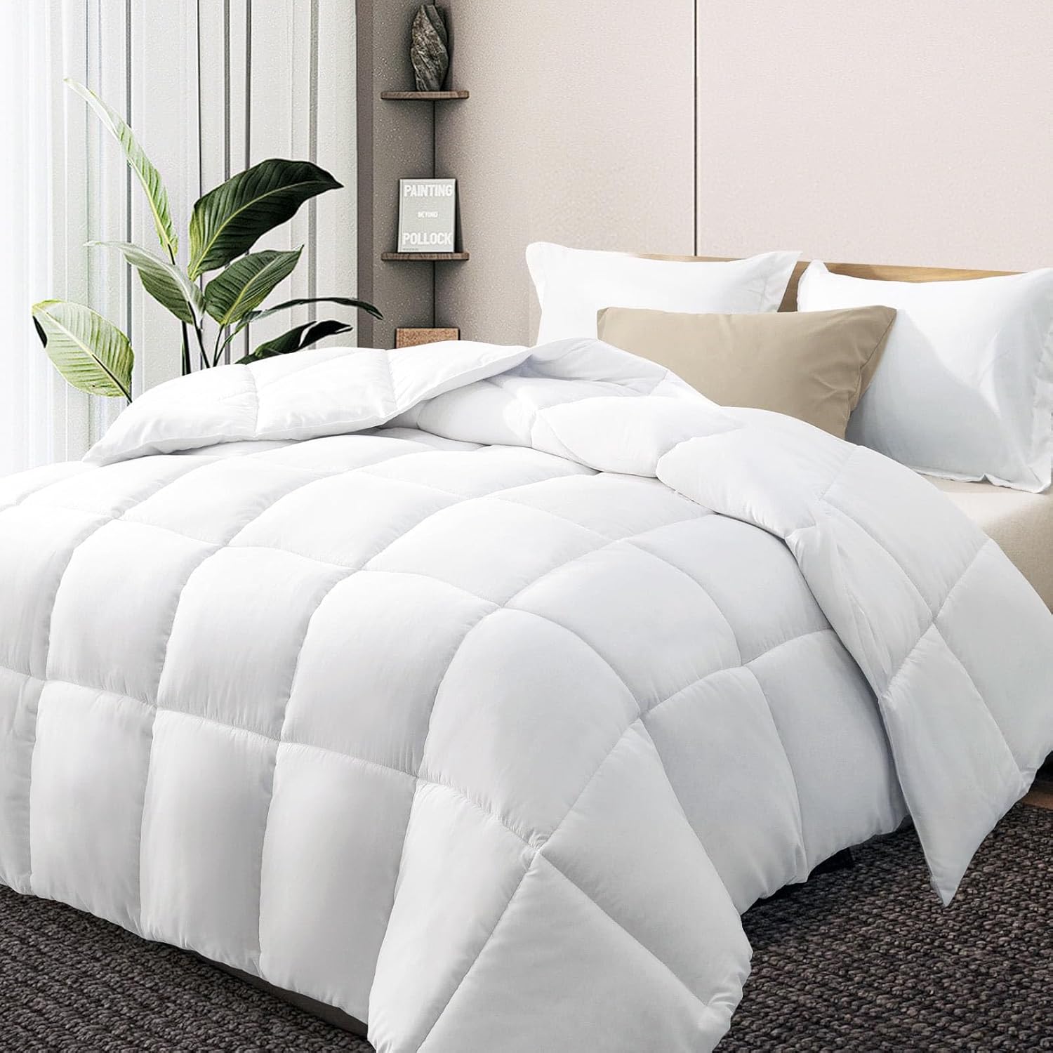 Queen Reversible Down Alternative Comforter – All-Season Soft Microfiber Duvet Insert with Box Design Stitch, Corner Tabs – Lightweight, Fluffy, Machine Washable –Light Grey/Black