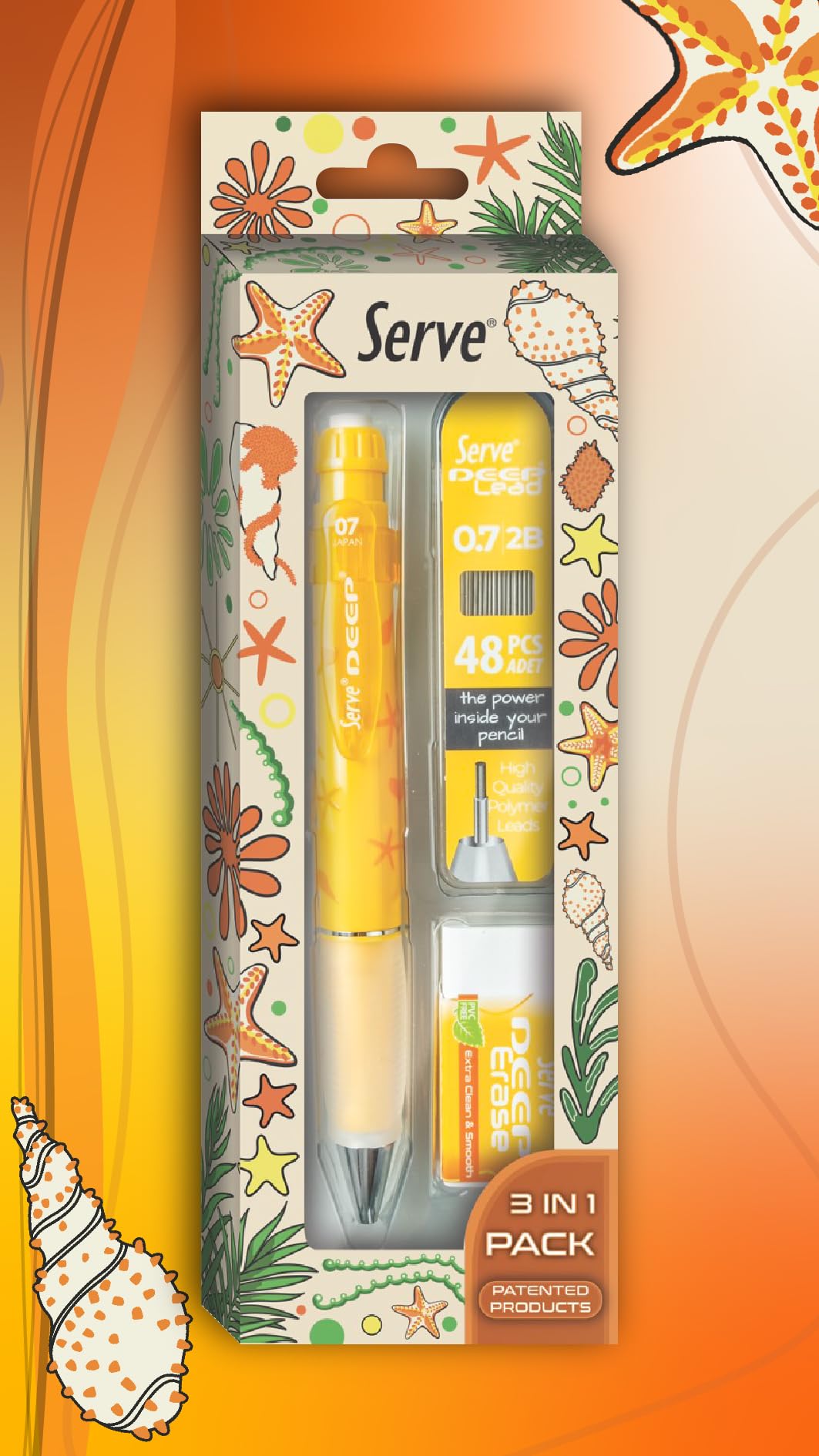 Serve Doğa Desenli Deep Kalem, Deep Silgi ve Deep Min, 0.7 mm, Hardal Sarısı