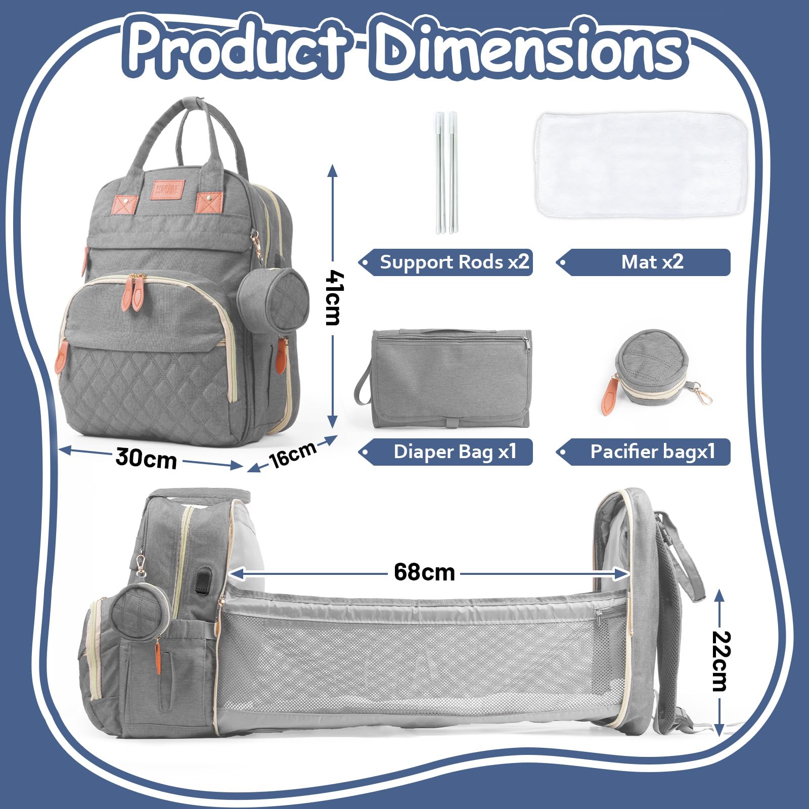 Wickeltasche Rucksack，Wickelrucksack Groß，Multifunktional Diaper Bag mit Mobiler Wickelauflage，Wasserdicht & Leicht，Faltbar Kinderbett，Kinderwagengurte,Babytasche。Baby Wickelrucksack Für Unterweg，Grau