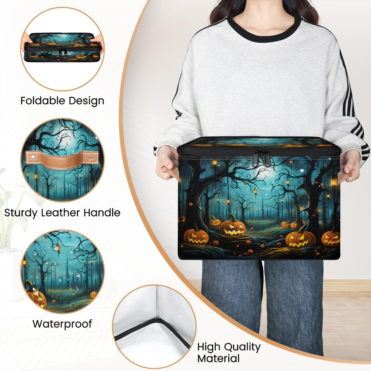 Storage Bin Set of 2 Forest Halloween Pumpkin Storage Basket with Zipper Lid & Handle Foldable Closet Shelf 2 Pack Cloth Organizer Basket Cube Bins Clothes Organizer for Bedroom, Nursery
