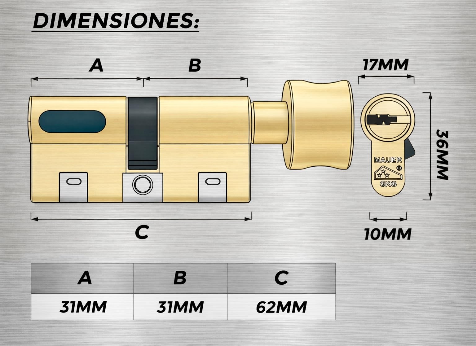 MAUER NW5 Bombin de Seguridad 31x31 Color Laton con Pomo + Destornillador | Cilindro Bombillo Reforzado Anti Impresioning Anti Rotura AntiBumping Anti-Taladro Leva Anti-Extracción Cerradura