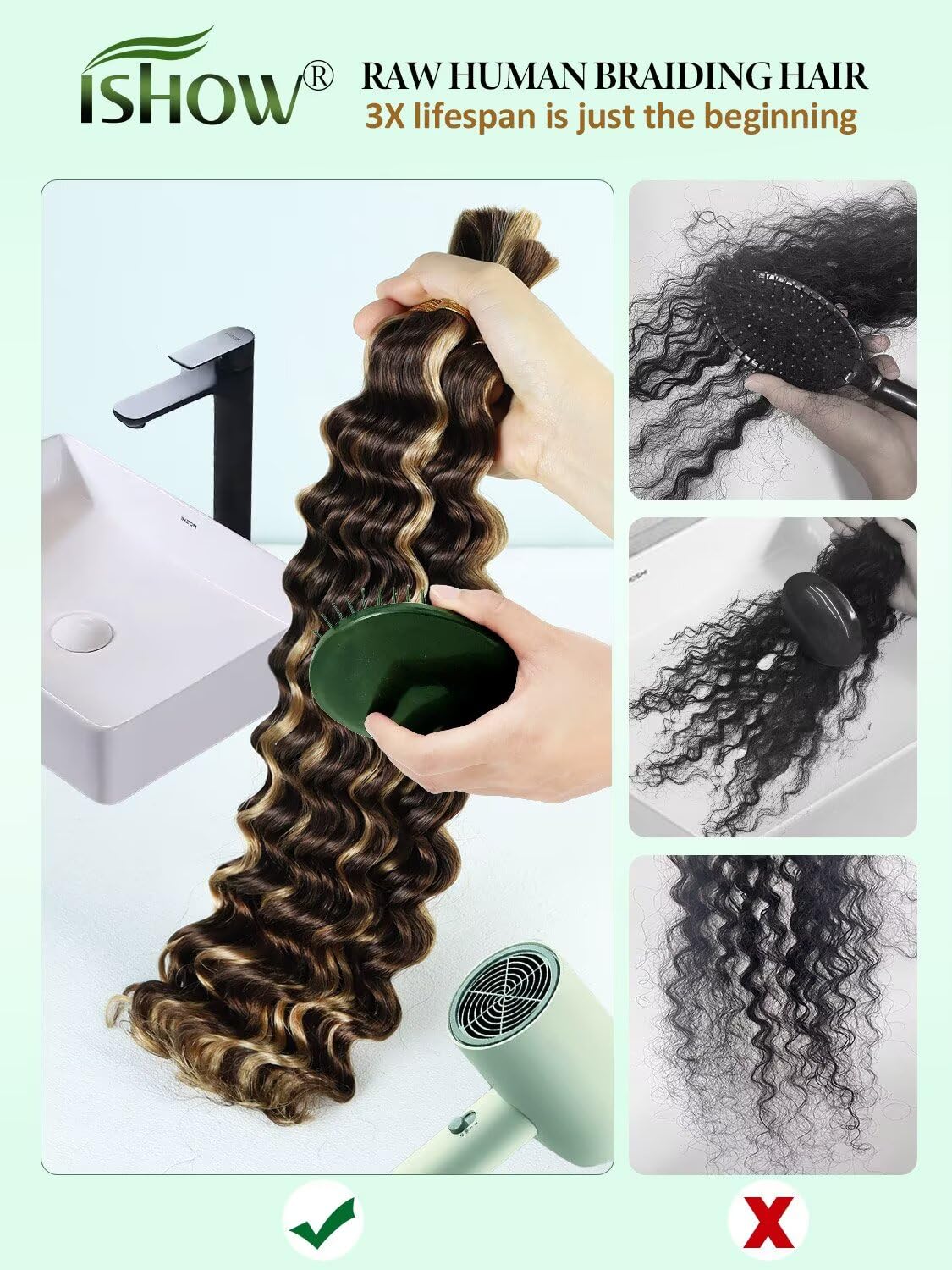 Raw Human Braiding Hair, 100% Unprocessed Virgin Human Hair, 15A Deep Wave Bulk Human Hair, 150g 14 Inch 3 Packs, NO.1 Premium Quality Boho Hair Producer, Ombre Honey Blonde Color P4/27 thumbnail
