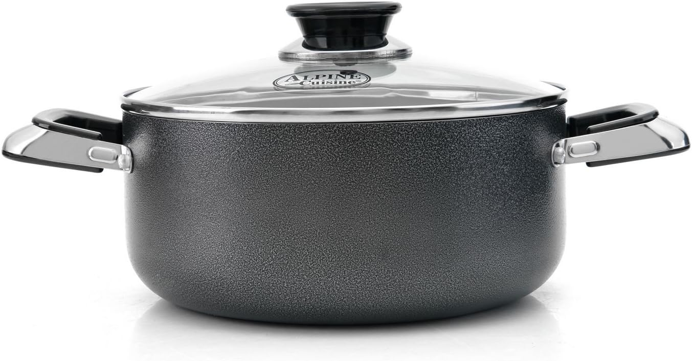 Alpine Cuisine Aluminum Cookware Set 7 Pc Set, Nonstick Coating Saucepan Dutch Oven Wok Pan Fry Pan with Riveted Fixed Handle & Glass Lid, Color Box Packing & Easy to Clean, Multiple Uses (Gray)