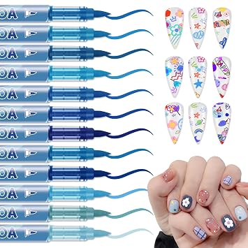 IONSGAKO 12 Colors Nail Art Pens Set, Nail Polish Pens Nail Art Drawing Markers Pen Quick Dry Waterproof Nail Art Painting Pens Kit for Home DIY Nail Art Design-Blue