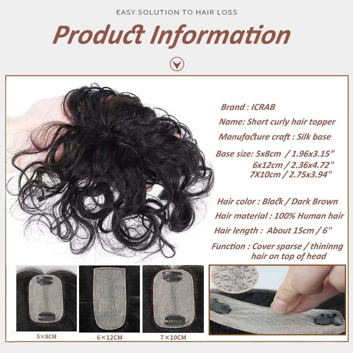 Short Fluffy Curly Human Hair Topper Top Hairpiece Toupee Clip in Hair Extension 6x12cm Simulated Scalp Silk Skin Base Natural Curly Topper Hair Piece for Women to Cover Hair Seam Black Color