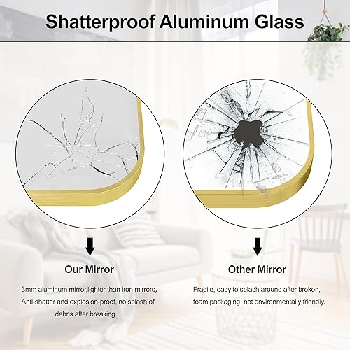 Miniatura 4 de Espejo de baño de 30 x 40 pulgadas con aleación de aluminio dorado con marco mate, espejos rectangulares redondeados para dormitorio, tocador,