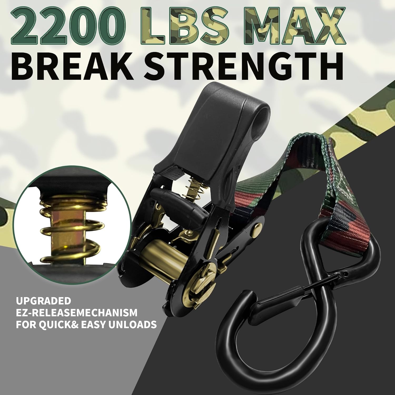 Ratchet Straps 4 PK,2200LB Break Strength Tie Down Straps,1" X 15FT Cargo Ratchet Straps Heavy Duty with Coated Metal Hooks UTV Accessories for Motorcycle, Trucks-Camouflage