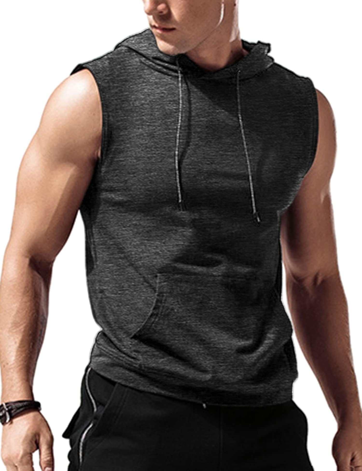 AmussiarMen's Workout Hooded Tank Tops Sleeveless Gym Training Hoodies Bodybuilding Muscle Cut Off T Shirt