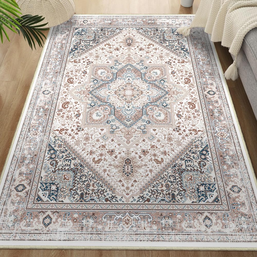 INVIN ART Machine Washable 5x7 Non-Slip Area Rug, Stain-Resistant Pet Friendly Carpet, Vintage Floral Print Transitional Style Low-Pile Floor Mat for Living Room, Bedroom, Home Office,Series#6