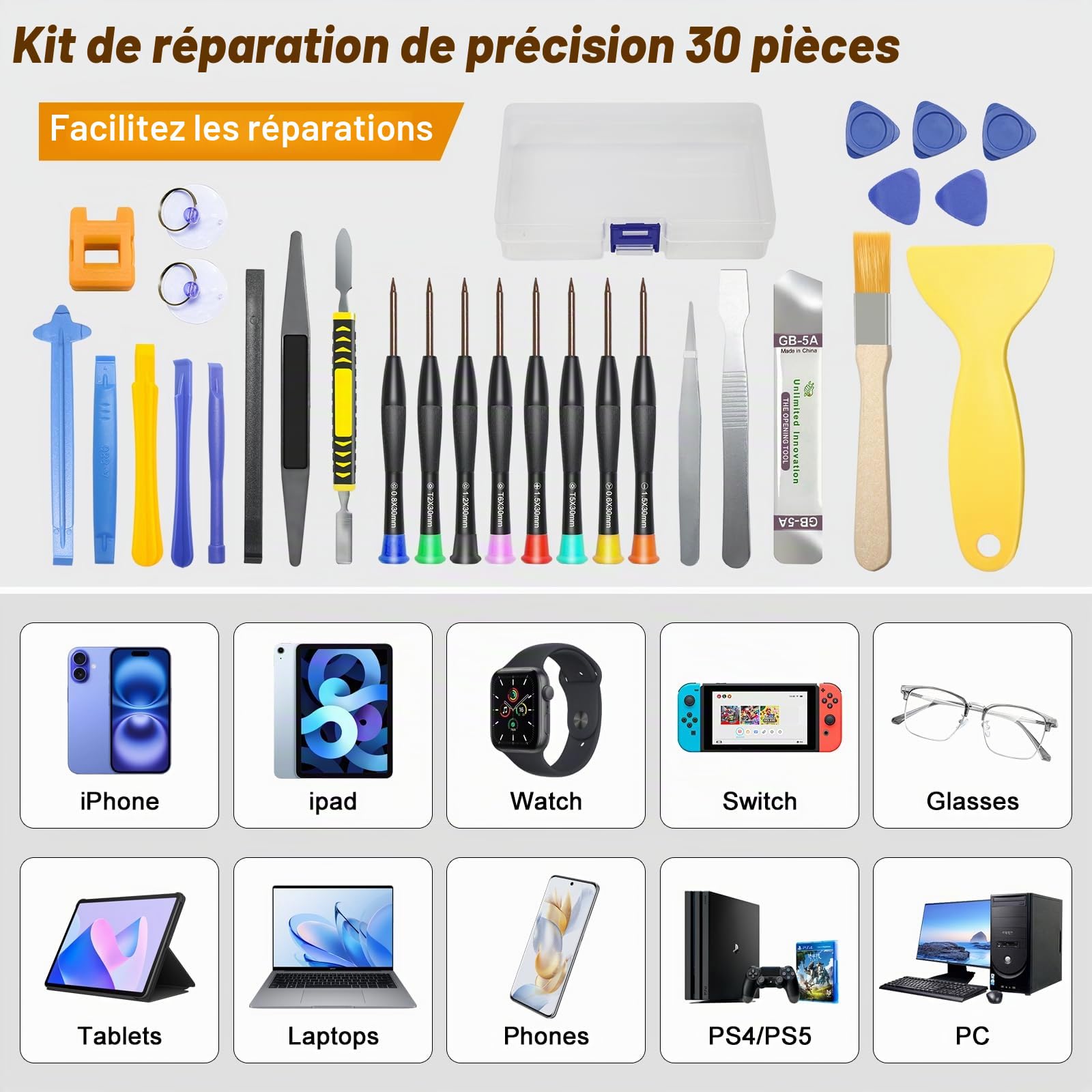 DTD Kit d'outils de réparation 30 en 1 pour téléphone portable, tournevis de précision pour smartphone, tablette, montre, lunettes, PS4, Switch