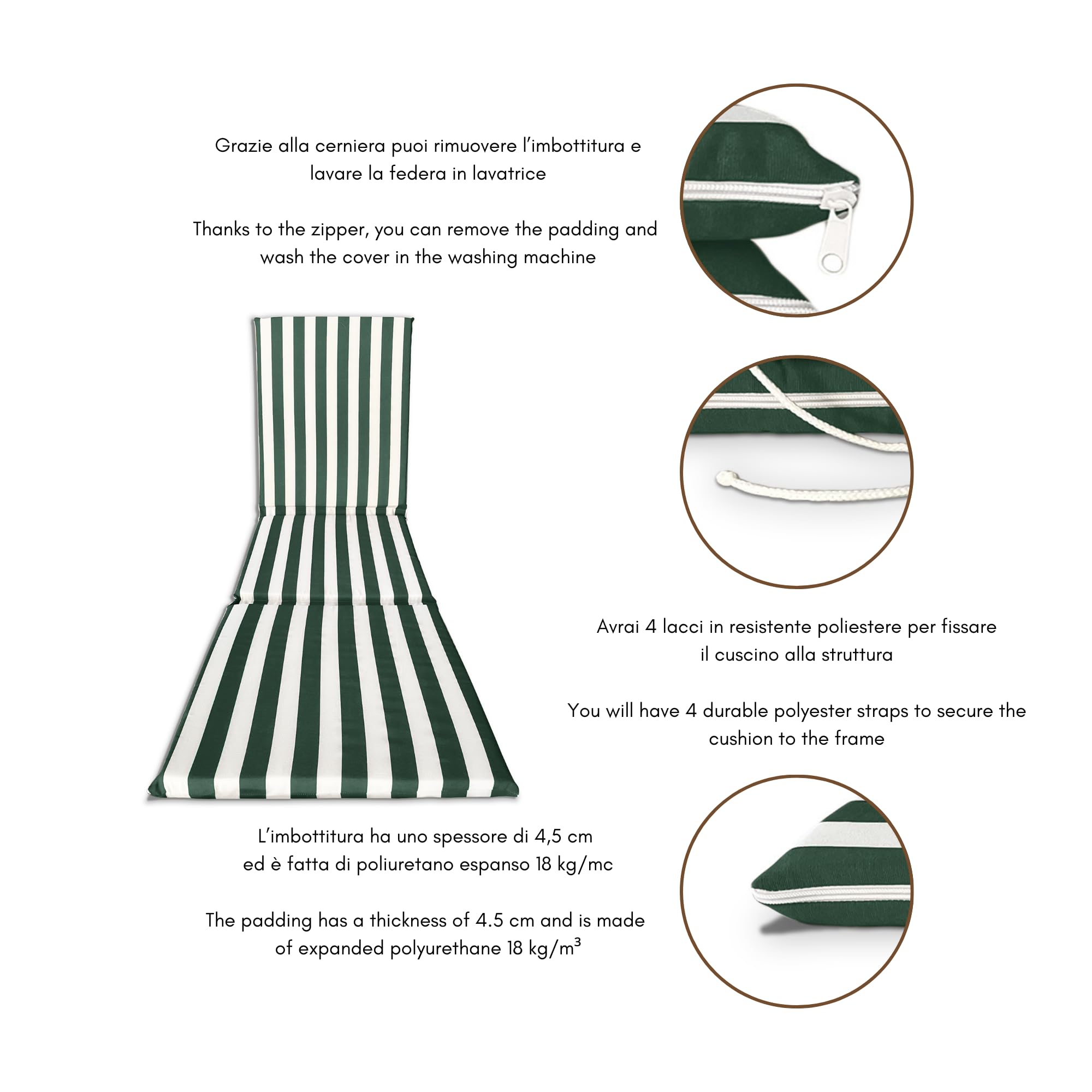 Coj’n Acolchado para Tumbona, Fabricado en 100% Algod—n, 190 x 60 x 4,5 cm (Verde)