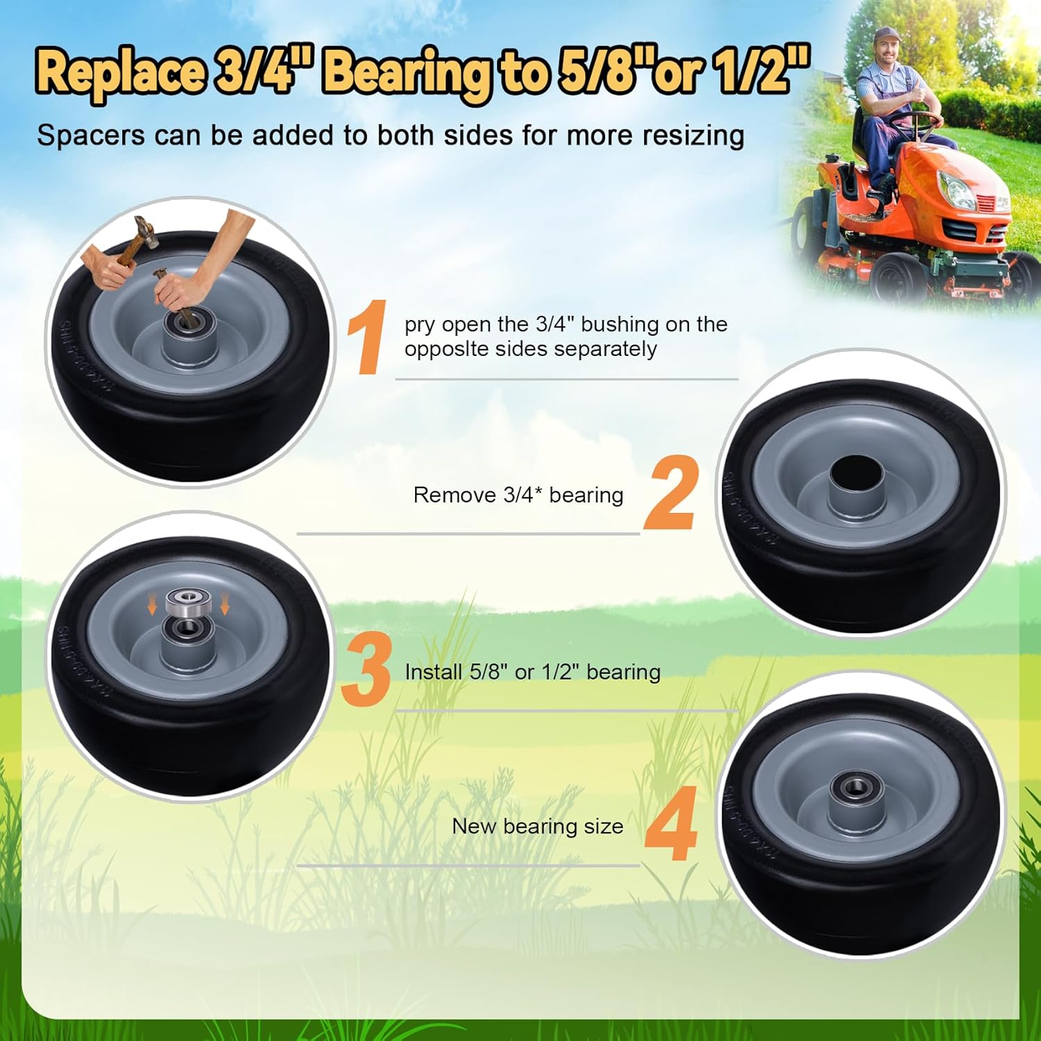 11x4.00-5 Tires for Zero Turn Mower, with Upgraded 3/4", 5/8" and 1/2" Bearing More Durable, 11x4.00-5 Flat Free Tire,11x4-5 Lawn Mower Tires,3.4"-5.8" Center Hub, Load 350lbs