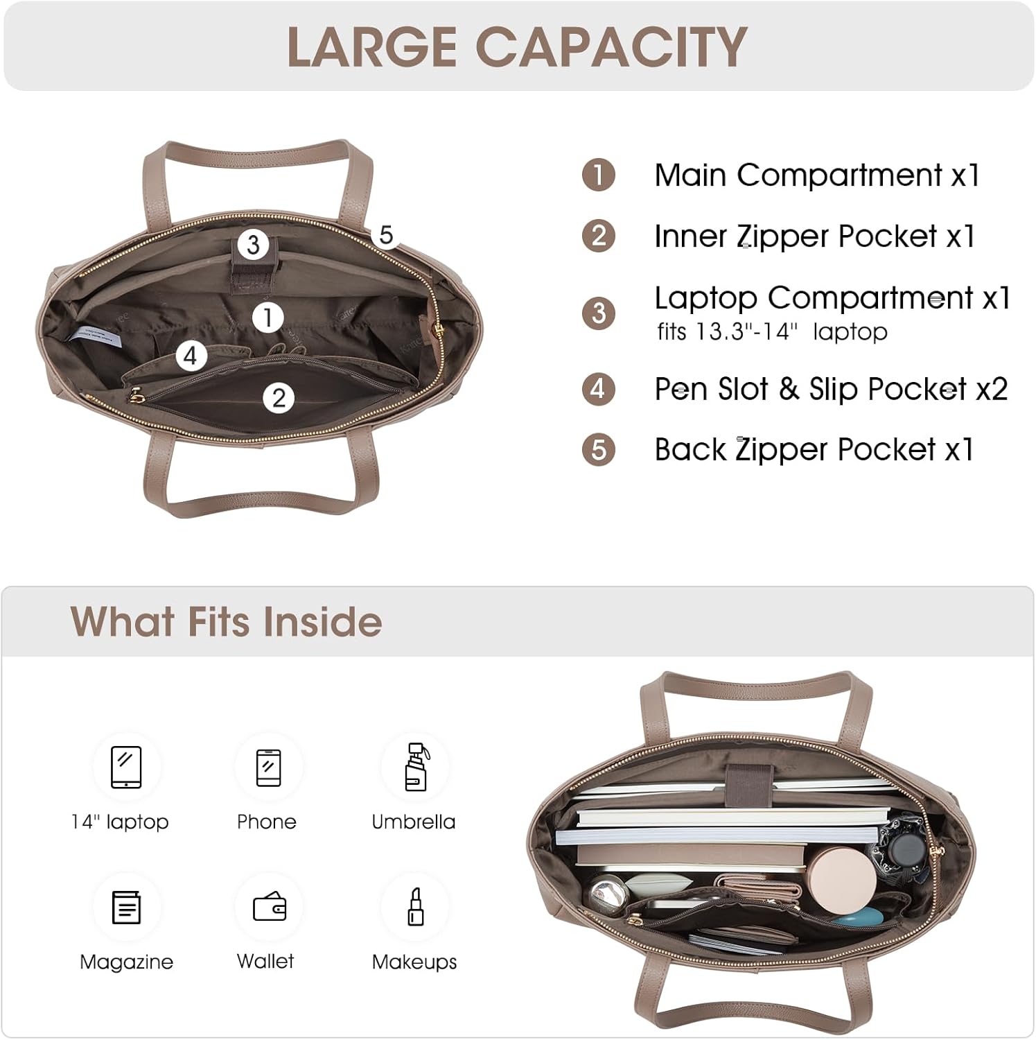 Kattee Women’s Soft Leather Work Tote Shoulder Bag,Large Capacity Designer Satchel Handbags with Luggage Sleeve - Image 4