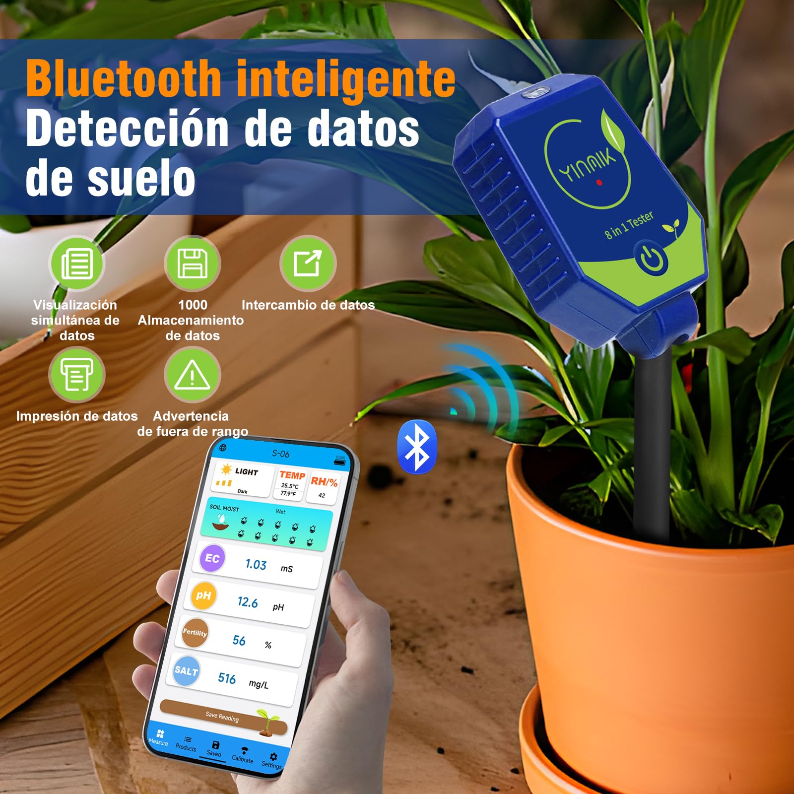 YINMIK Medidor de Suelo 8 en 1 pH Humedad conductividad(EC) para Plantas | Medidor inteligente de pH, humedad, EC, fertilidad, sal, luz, humedad del aire y temperatura para exteriores y jardines