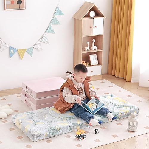 Miniatura 4 de Tiita Colchón de piso triple para niños, futón que brilla en la oscuridad con funda extraíble, tapete portátil de espuma para siesta con bolsa de
