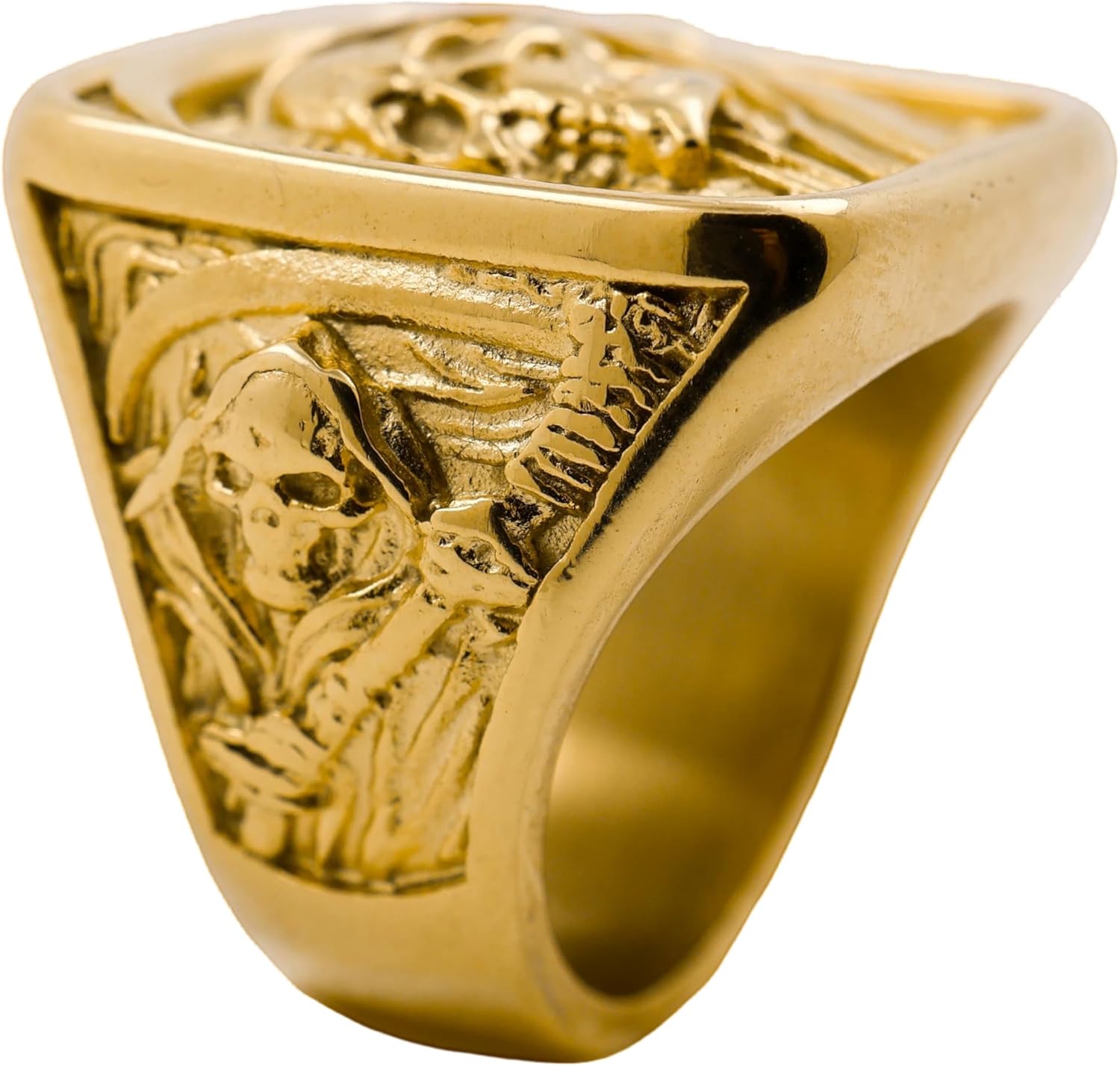Grim Reaper Ring for Men – Gold Skull with Scythe Signet Statement Ring, Death Biker Punk Stainless Steel Jewelry