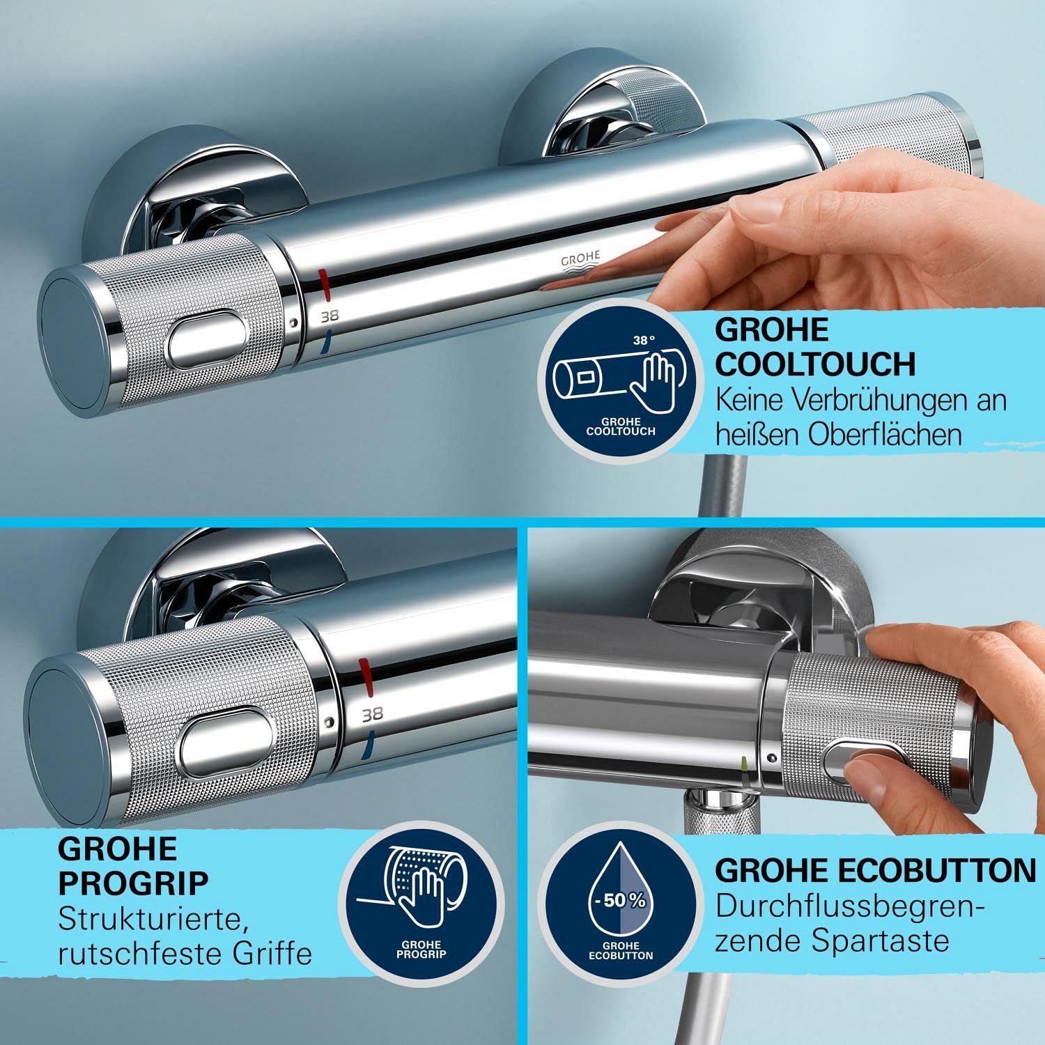GROHE Precision Feel, Duschset mit Thermostat wassersparend, 8l pro Min (Duscharmatur hält Temperatur konstant, Duschkopf 3 Strahlarten, 1,75m Schlauch, Duschstange 60cm, 3in1 Tool), chrom, 34791001