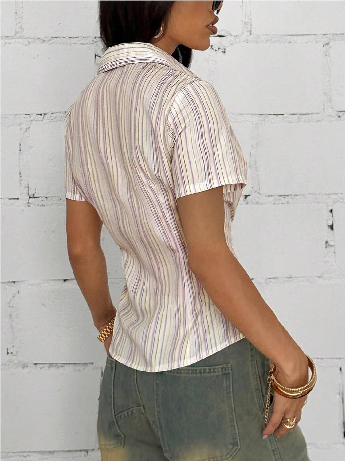 SweatyRocks Women's Striped Button Down Blouse Sexy Collar Short Sleeve Summer Shirt Tops - Image 2
