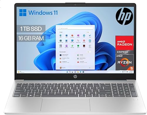 HP 15-fc0241ns - Ordenador portátil de 15.6" FHD (AMD Ryzen 5-7520U, 16 GB RAM, 1TB SSD, AMD Radeon Graphics, Windows 11) Plata y Azul - Teclado QWERTY Español