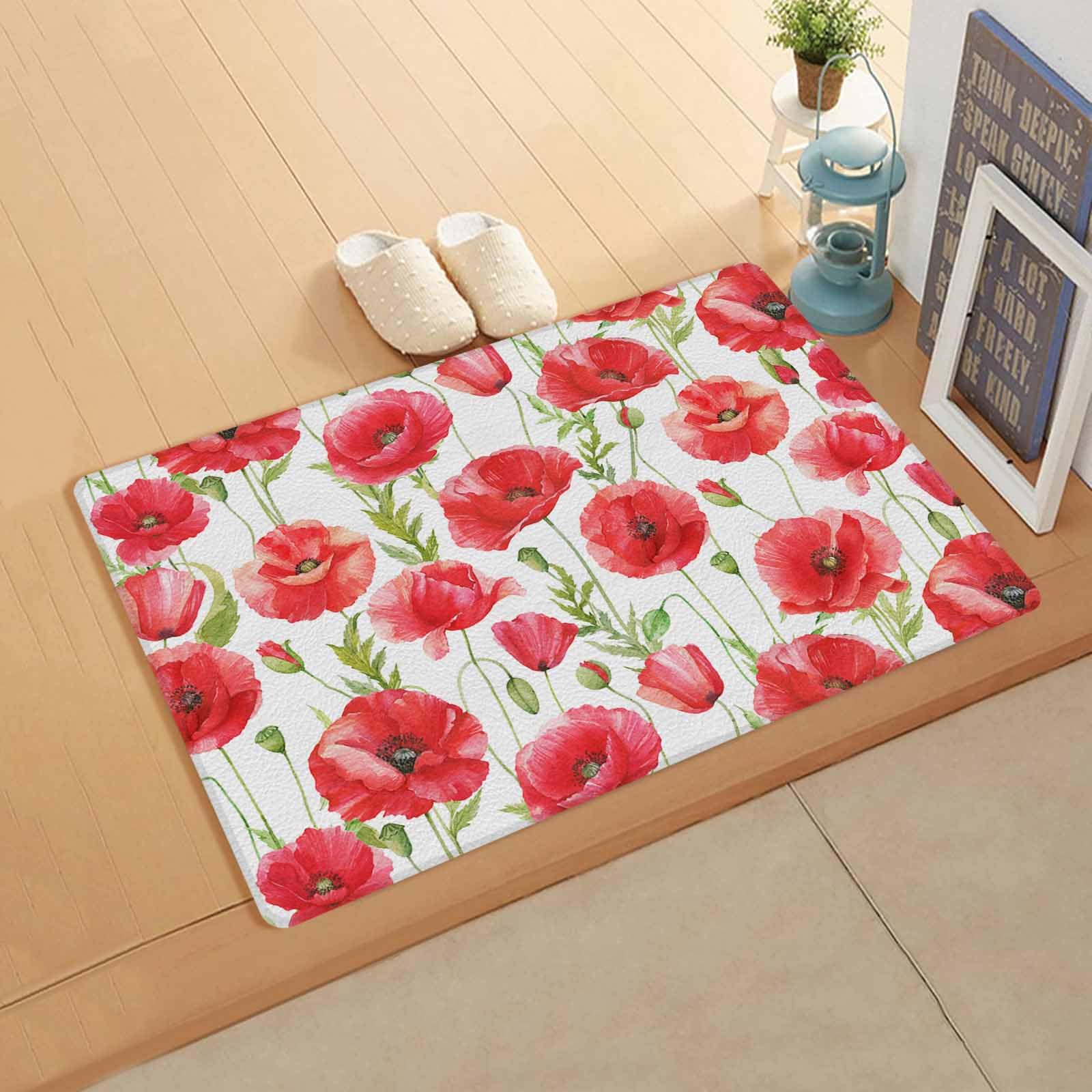 Floral Red Antifatigue Kitchen Bath Door Mat Cushioned Runner Rug,Washable Welcome Floor Sink Mat,Waterproof & Non-Slip Kitchen Standing Doormat,astoral Country French Botanical Flower Plant 20
