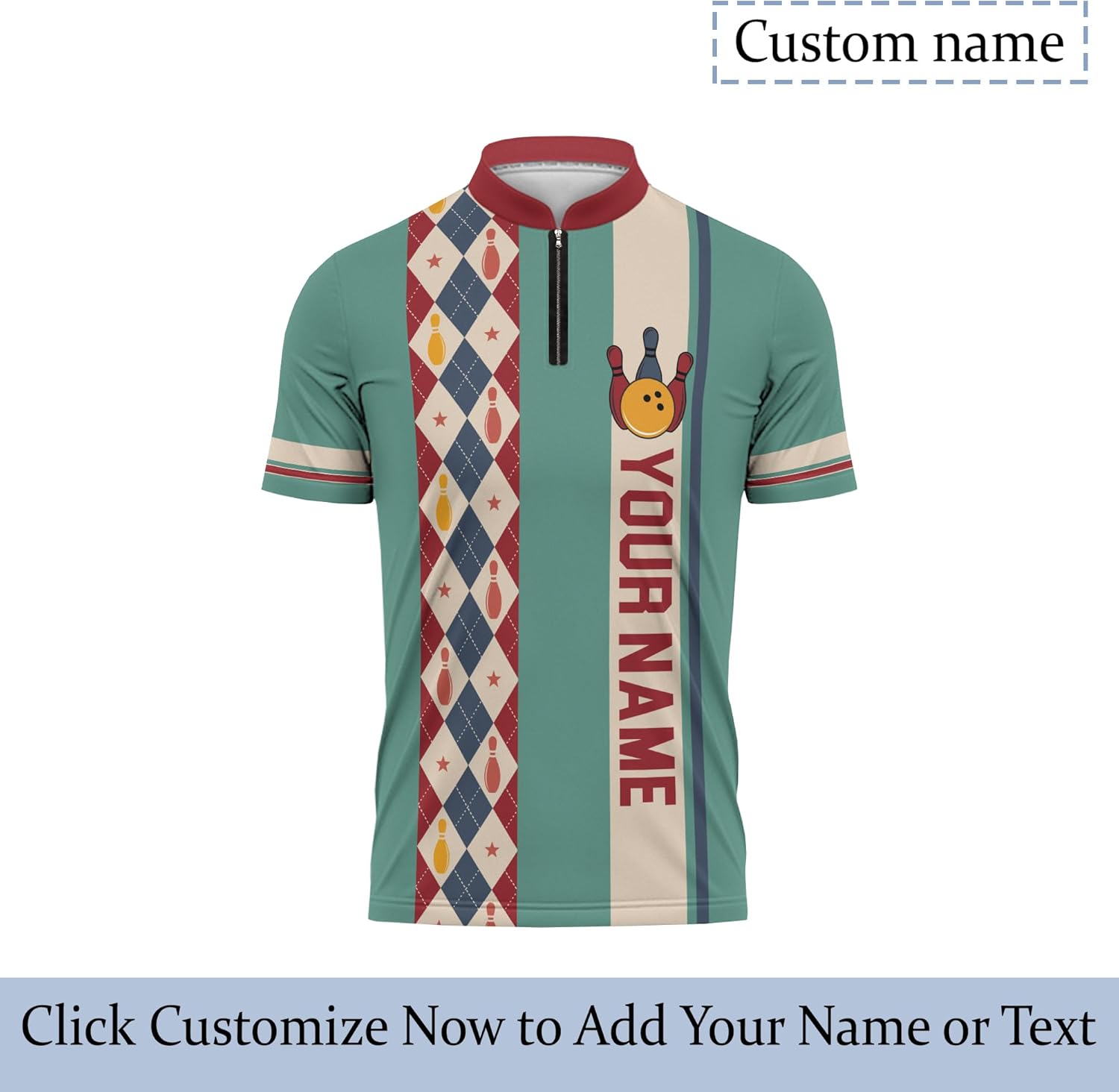 Bowling Bowling Zip Jerseys with Strike Graphic On It Custom Zipper Tshirt with Stand Collar for Teenager