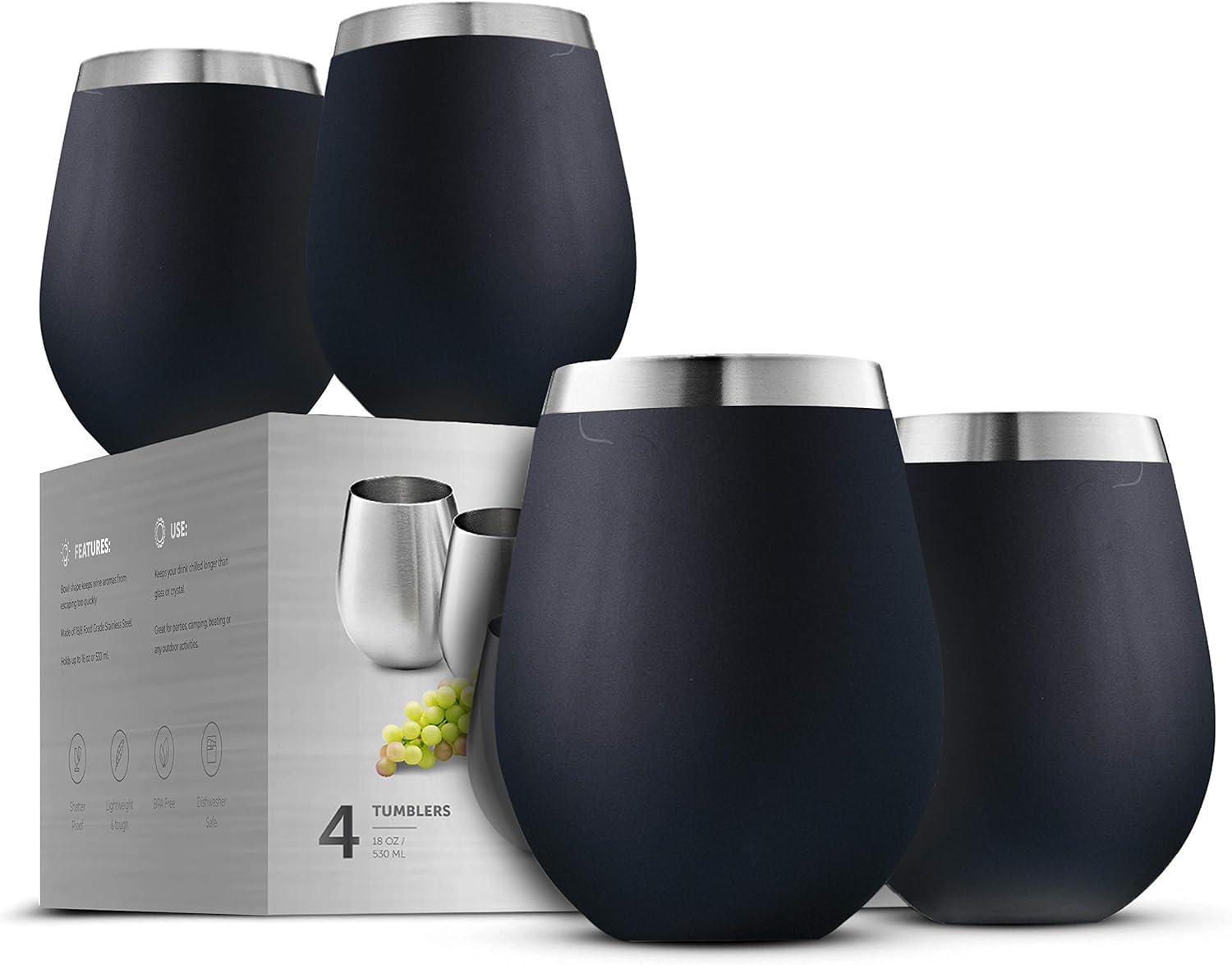 FineDine Wine Tumbler Set Set of 4 x 18 Oz Unbreakable Stemless Wine