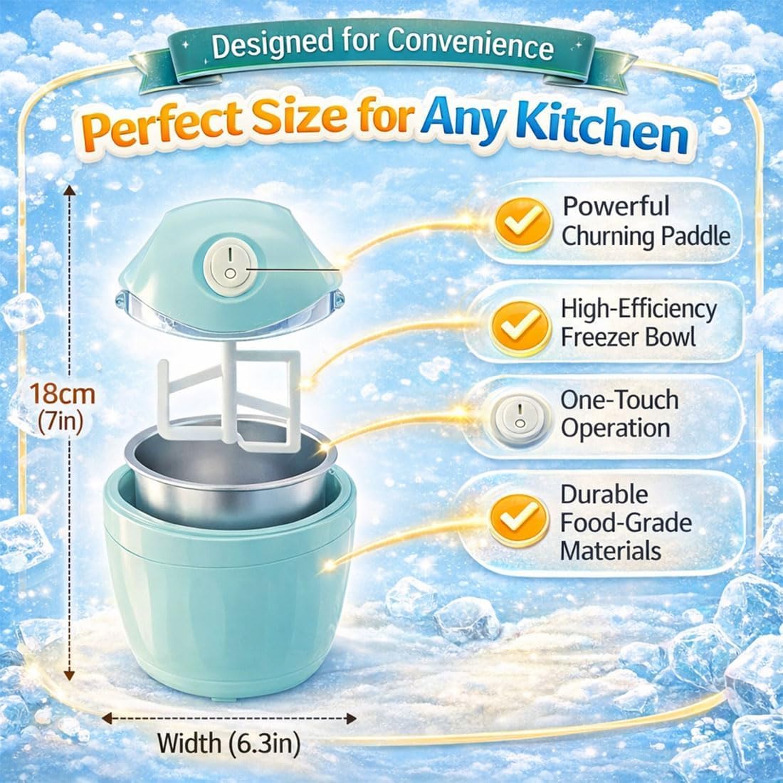 Mini Heladera Doméstica Pequeña, Máquina Eléctrica Personal De 500 Ml Para Helado Casero Rápido En 15 Minutos, Sorbete Y Yogur Helado, Máquina De Postres Compacta De Un Solo Toque Para Una Blue2