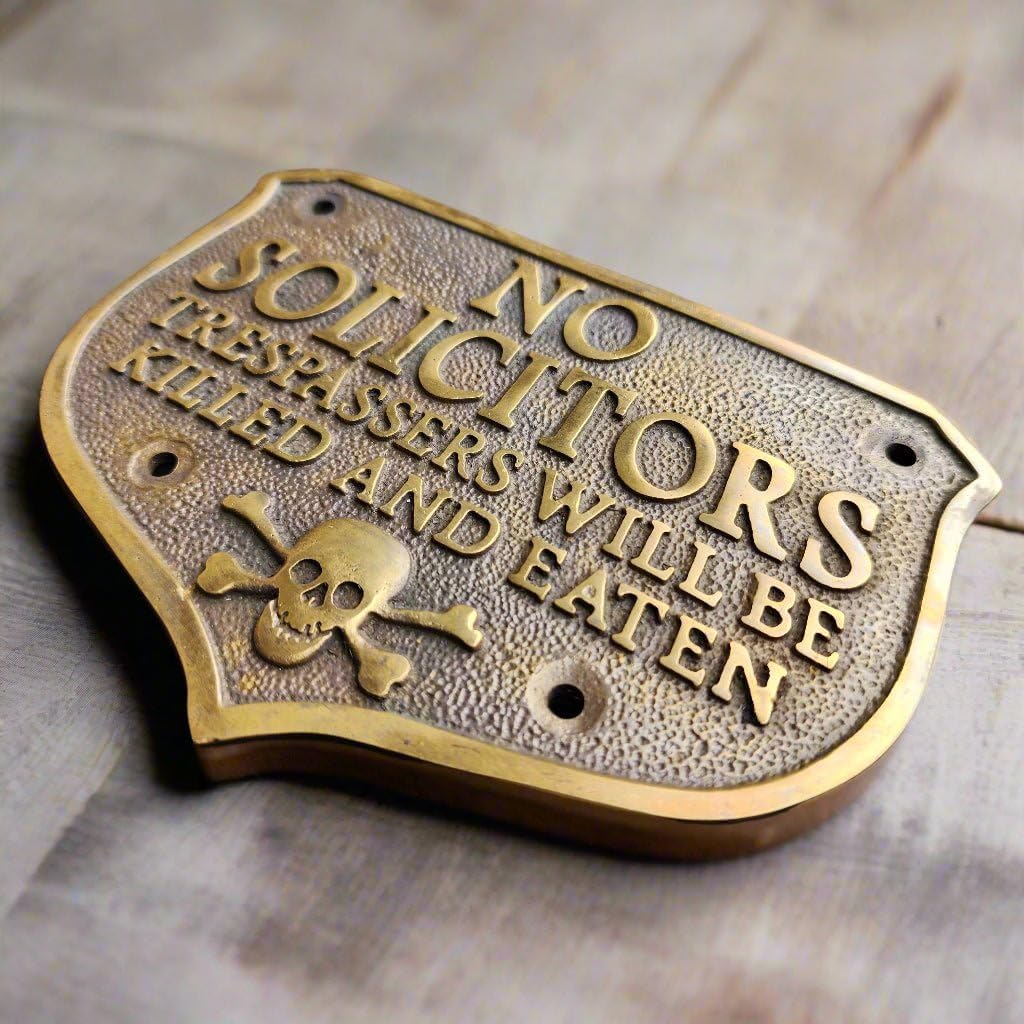 Pirate Skull No Solicitors Solid Brass Plaque With Antique Finish (5.25" x 4")