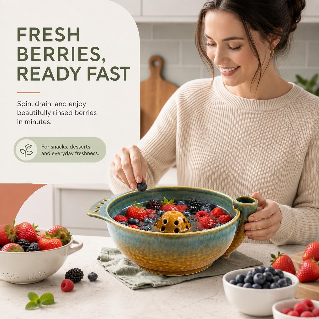 Ceramic Berry Washing Bowl, Self-Spinning Fruit Washer with Drain Holes
