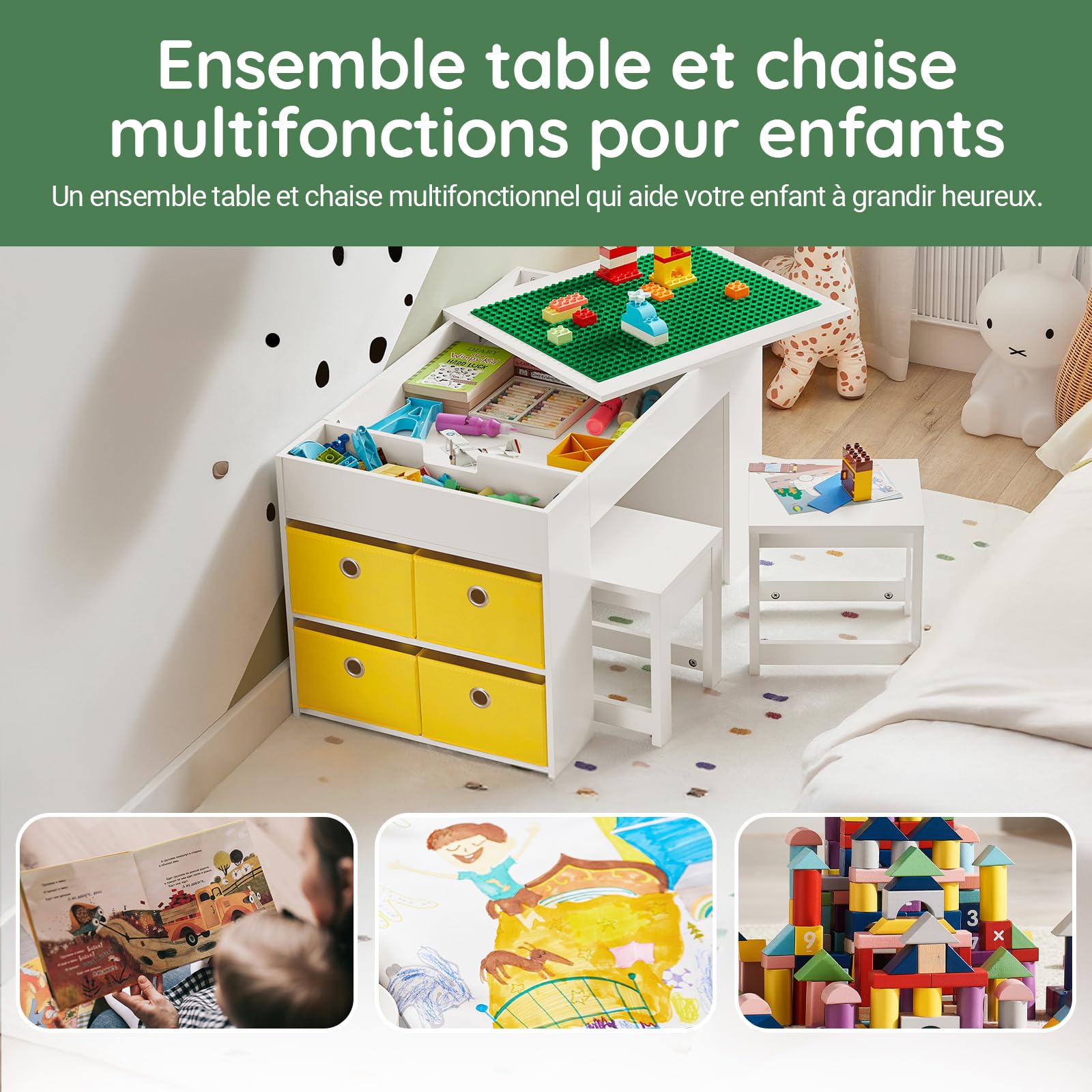 SoBuy Table Enfant avec 2 Chaises, Ensemble Table et Chaises Enfant avec Bacs de Rangement pour Chambre, Bureau de Bloc de Construction Double Face, Blanc 87x50x50 cm KMB75-W
