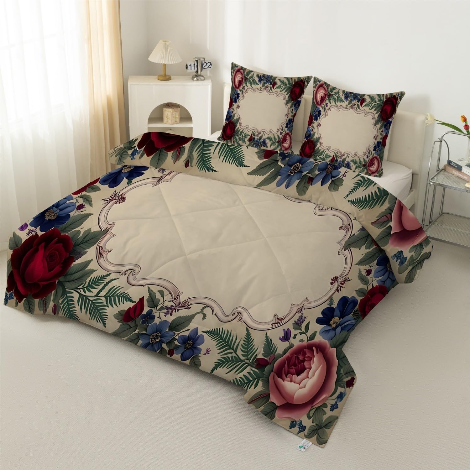Kołdra 220x240 cm Fantazyjny nadruk ogrodowy Różowy Czerwony Południowo-Zachód - mikrofibra Kołdra bez narzuty 4 pory roku Dwustronna dla 2 osób z 2 poszewkami na poduszki 65x65 S134