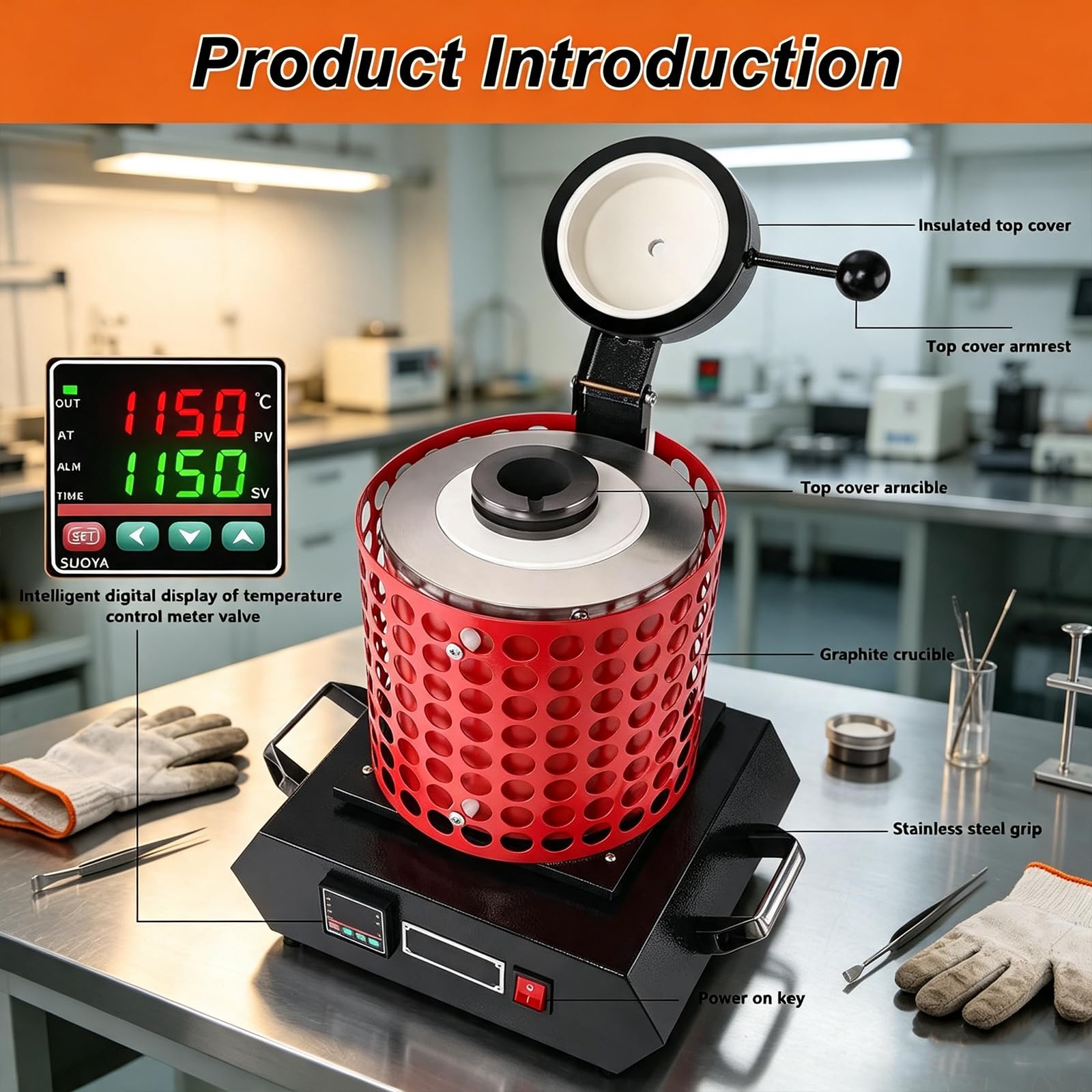 Piecyk do topienia złota, automatyczna maszyna do wytopu 2000W | Elektryczny piec do topienia o pojemności 1/2/3 kg do 1150°C do przetwarzania złota, srebra i miedzi(Orange,2kg)