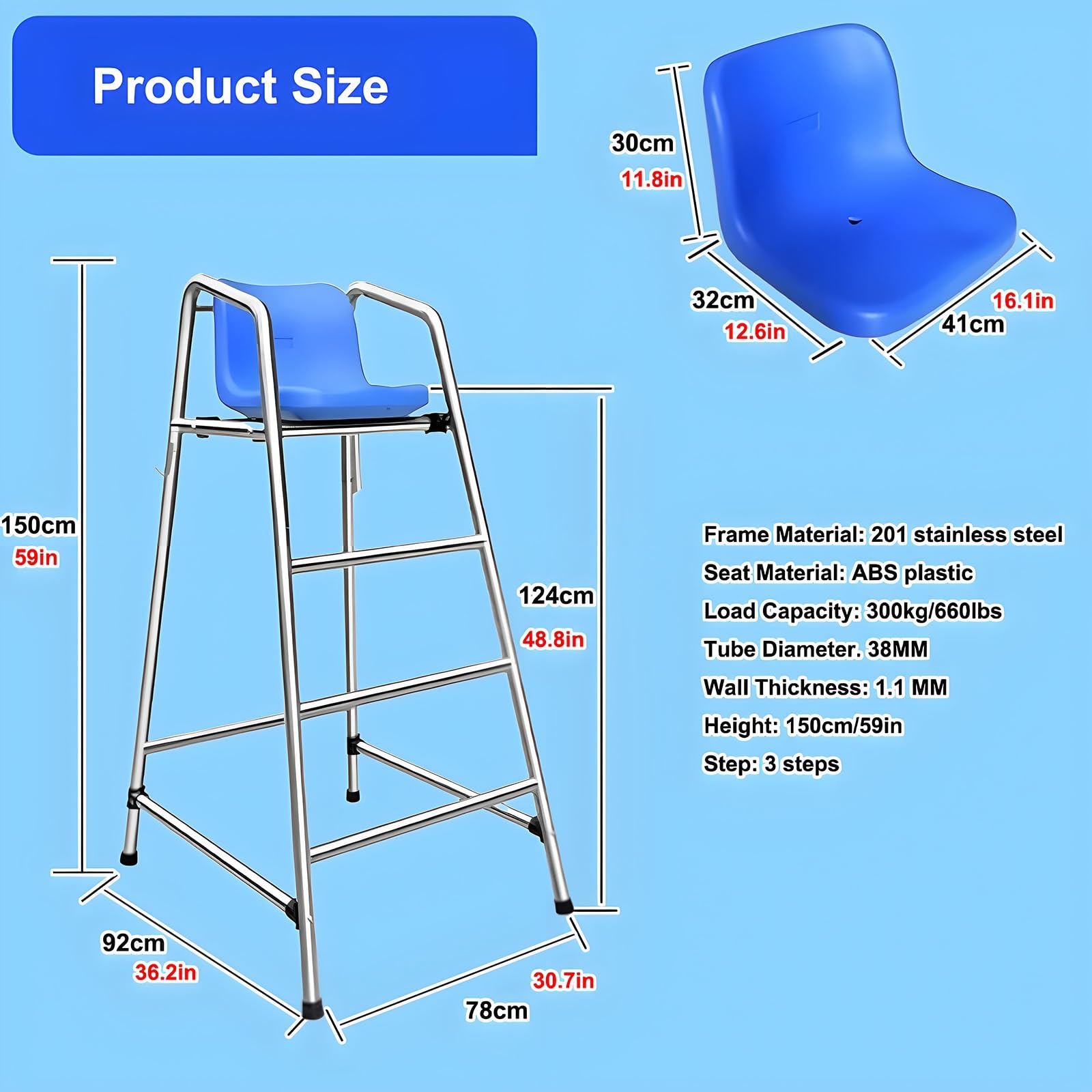 Chaise de sauvetage robuste en acier inoxydable 201/304, siège de piscine durable, design ABS confortable, parfait pour la plage et le lac, équipement de sécurité en plein air