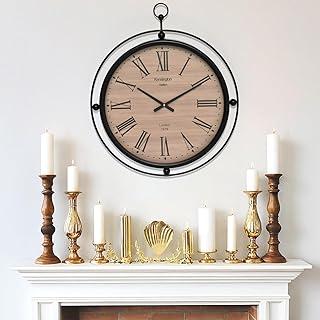 24 Inch Wooden Wall Clock with Roman Numerals, Black Metal Frame, and Gl...