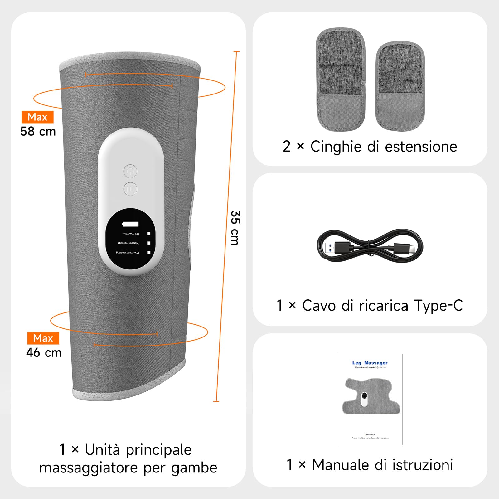 Massaggiatore Gambe Wireless, Massaggiatore per Polpacci con Calore e Compressione d'aria, Massaggiatore Piedi – 3 Modalità | 3 Intensità | Ricaricabile | Dimensioni Regolabili