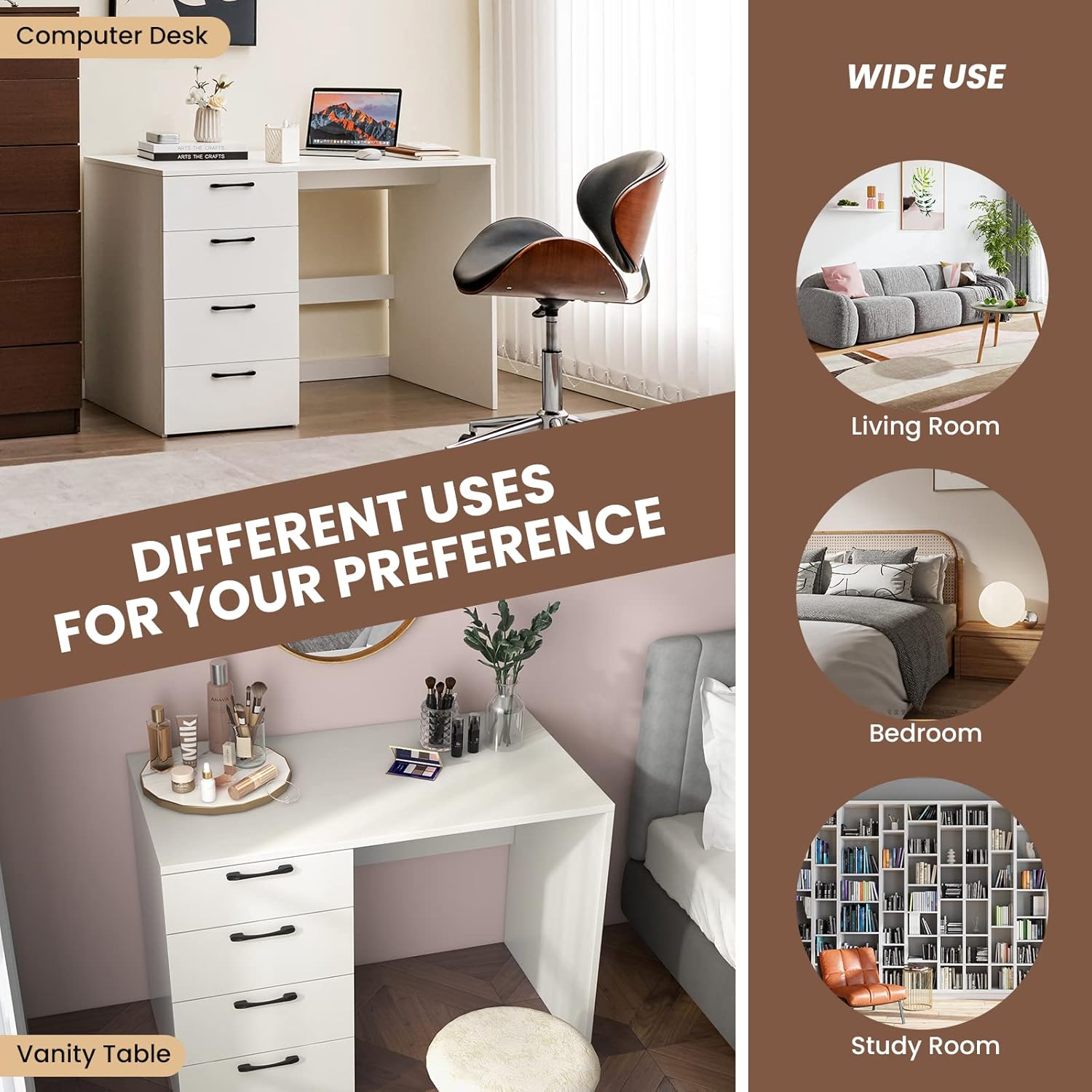 Giantex White Computer Desk with 4 Large Drawers, Home Office Laptop PC Desk, Writing Table, Modern Computer Workstation for Bedroom Study Room