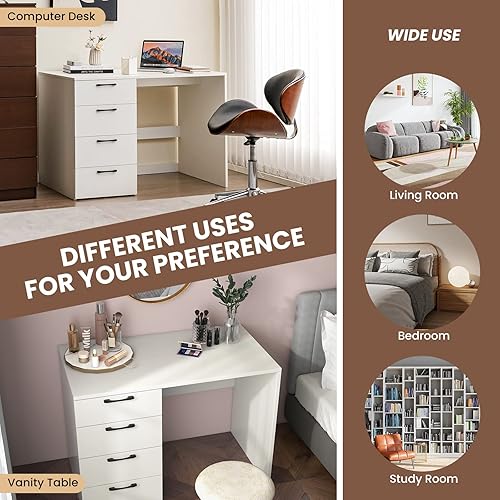 Miniatura 8 de Giantex Escritorio blanco para computadora con 4 cajones grandes, escritorio para computadora portátil para oficina en casa, mesa de escritura,