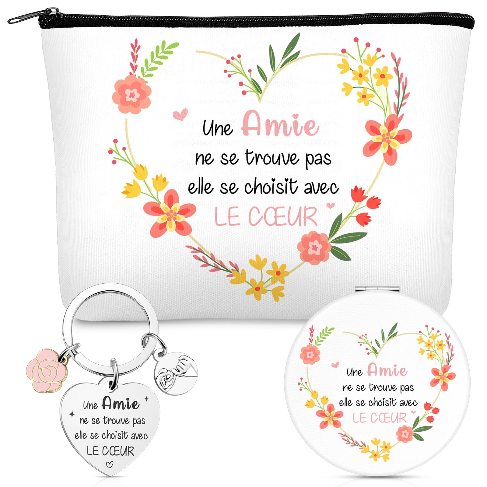 Maitys 3 Pièces de Set de Cadeaux pour Meilleure Amie Femme Sœur 1 Trousse de Maquillage avec Fermeture Éclair 1 Miroir de Voyage avec Loupe 1 Porte-Clés avec Texte pour BFF Noël Anniversaire Adieu