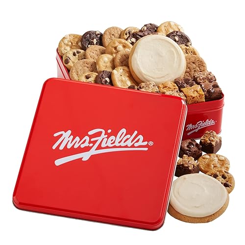 Mrs. Fields - Lata de galletas exclusiva, incluye 24 galletas Nibblers del tamaño de un bocado, 3 barras de brownie y 2 combo de galletas