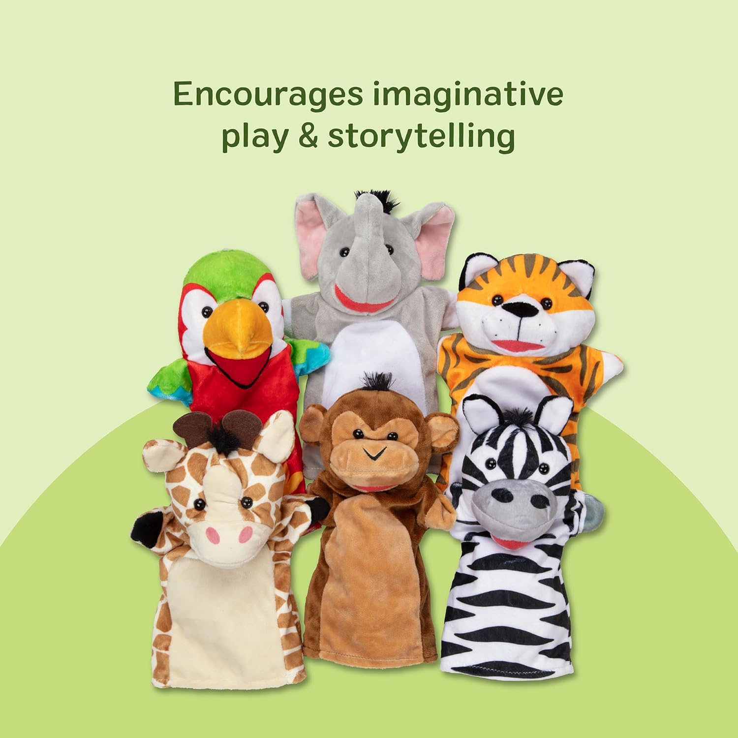 Melissa & Doug Safari Buddies Hand Puppets, Set of 6 (Elephant, Tiger, Parrot, Giraffe, Monkey, Zebra) Soft, Plush Puppet, Stuffed Animals, Pretend Play Toddler Toys for Girls & Boys 2+