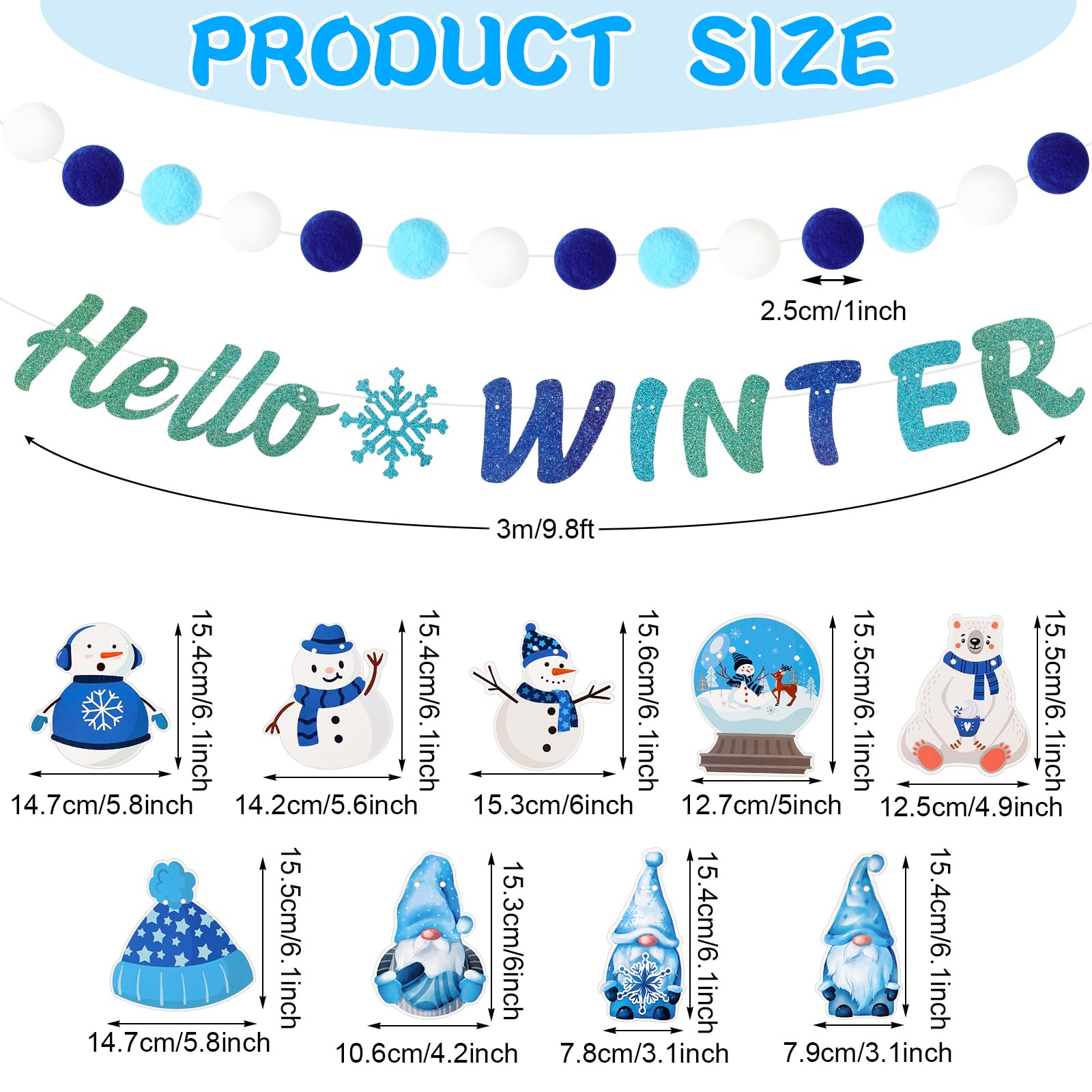 Teling 5 Stück Winter-Filz-Girlande, Schneemann, Bommel, Banner, Hallo Winter, Banner, Filz-Girlanden, Schneemann, Zwerg, hängende Weihnachten, Klassenzimmer, Türdekoration für Wunderland, Geburtstag