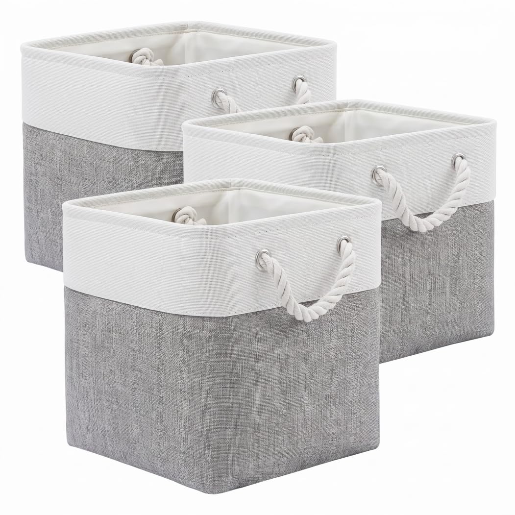 Pineeseatile 3-pack 13 Inch Cube Storage Bins, Foldable Storage Cubes, Cubby Bins With Rope Handles, White & Gray, 13x13x13 Inch, Cube Bin