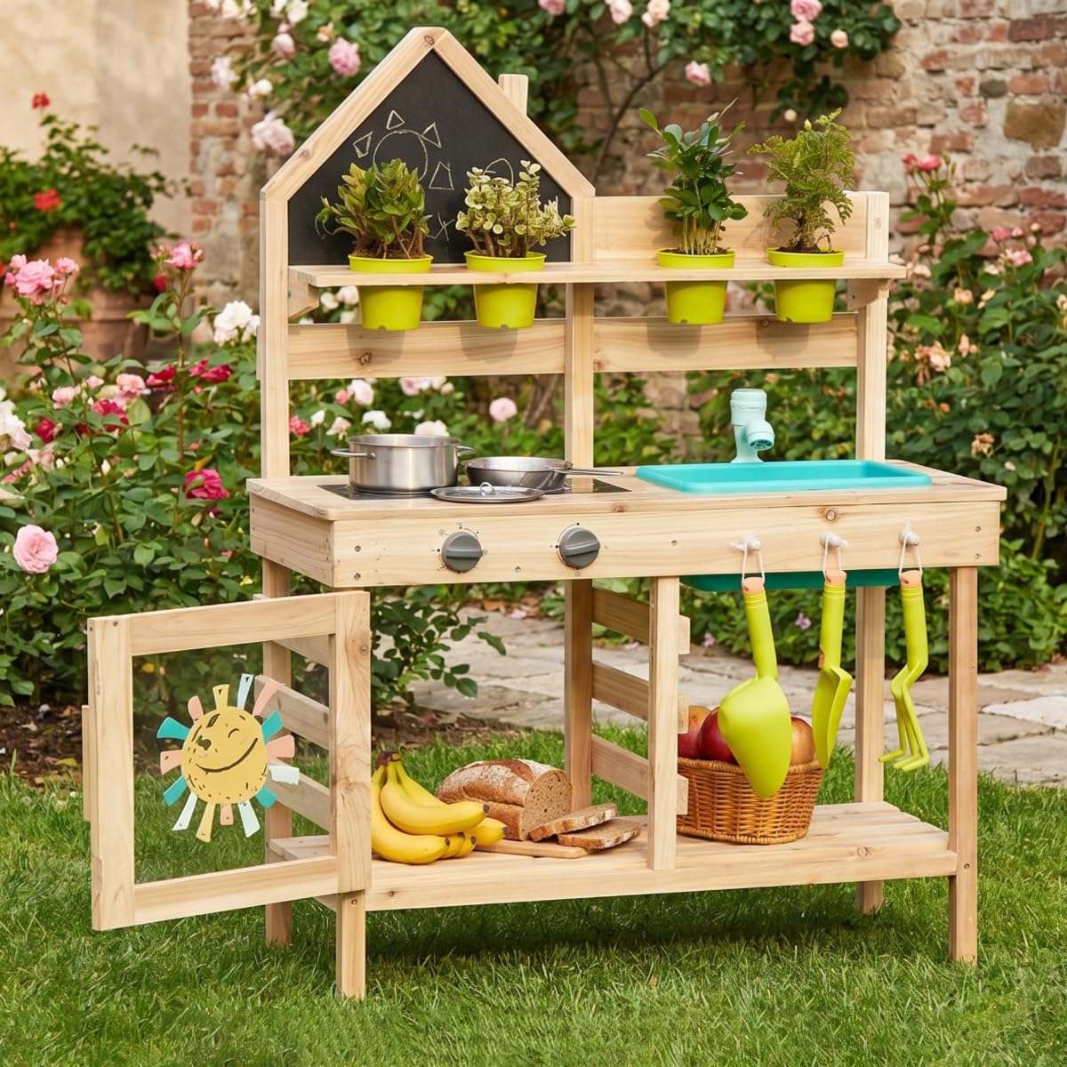 WoddyGo Mud Kitchen for Kids Outdoor, Wooden Play Kitchen with Functional Water Sink & Hose Connector, Chalkboard with Chalk, Built-in Storage, 15PCS Accessories, Backyard Garden Toy for Toddlers 3+