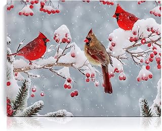 NIKKY HOME 16" x 12" LED Lighted Canvas Wall Art Prints Light Up Cardinal and Berries Picture Winter Scene Artwork for Holiday Decor
