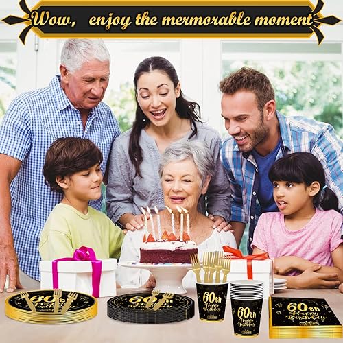 Miniatura 4 de 120 piezas de suministros para fiesta de cumpleaños 60, platos, servilletas, vasos, tenedores, juego de vajilla desechable con temática de feliz