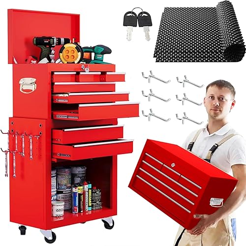 Cofre de herramientas con ruedas de 8 cajones con caja de herramientas superior desmontable, gabinete de herramientas de metal con cerradura y