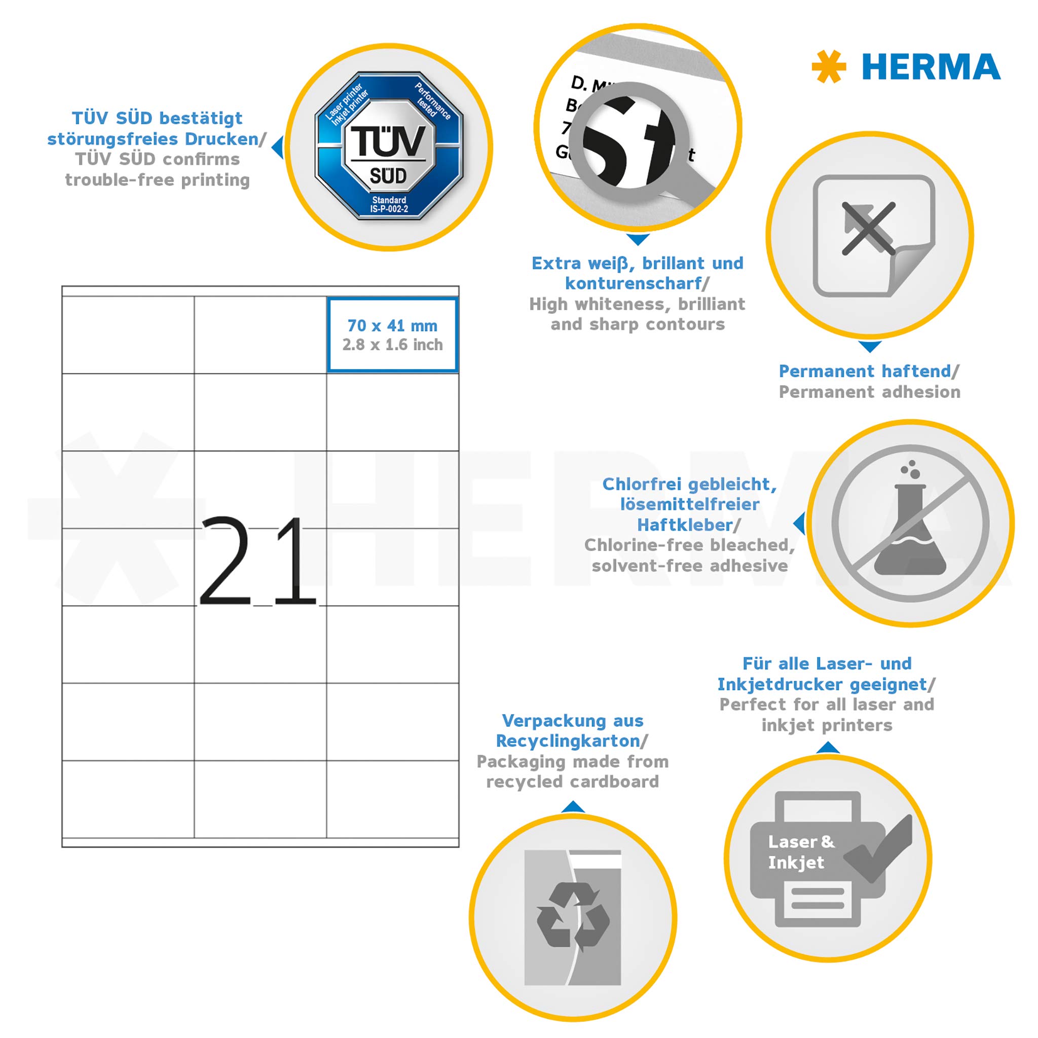 HERMA 4634 Adressetiketten, 200 Blatt, 70 x 41 mm, 21 pro A4 Bogen, 4200 Stück, selbstklebend, bedruckbar, matt, blanko Papier Adressaufkleber Etiketten, weiß