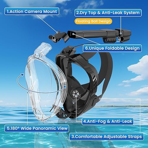 Miniatura 2 de Máscara de esnórquel de cara completa, equipo de esnórquel para adultos, máscara de buceo, equipo de esnórquel superior seco con soporte de cámara