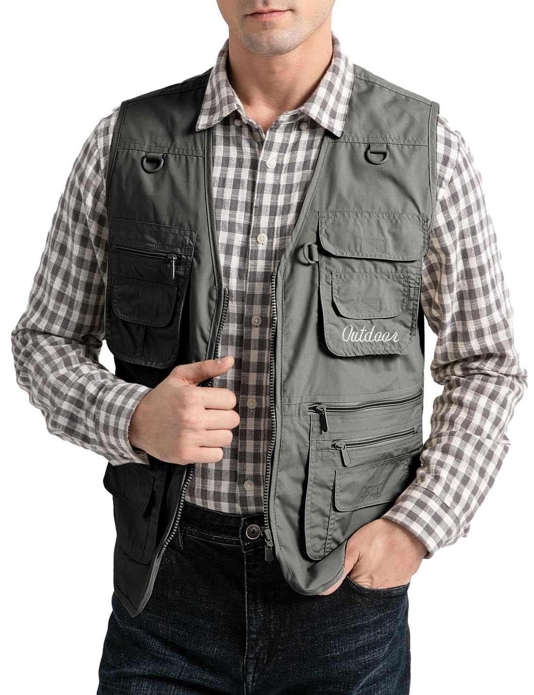 Sukany Men's Vest Utility Shooting Safari Travel Cargo Outdoor Lightweight Work Photo Vest with Pockets Dark Grey 2XL