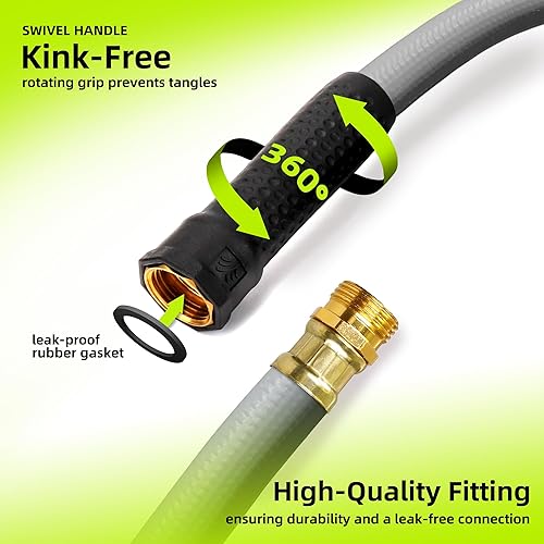 Miniatura 2 de Worth Manguera de jardín corta gris con plomo de 58 pulgadas x 12 pies, sin torceduras, sin fugas, accesorios machohembra, tubo de agua resistente,